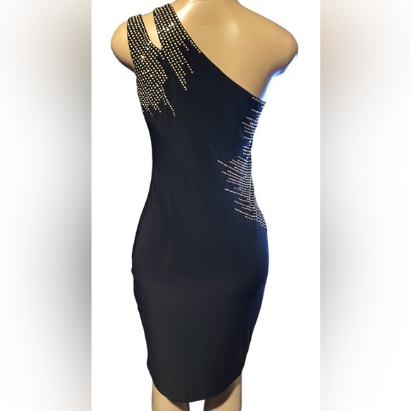 Cache Black One-Shoulder Size 6 Asymmetrical Pattern Rhinestone Embellishments - Picture 8 of 14